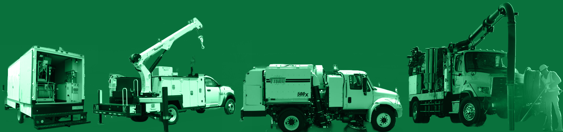 Used Trucks that Work Media page with header graphic, showing a TV truck, a Maintainer crane body and Tymco Street Sweeper.